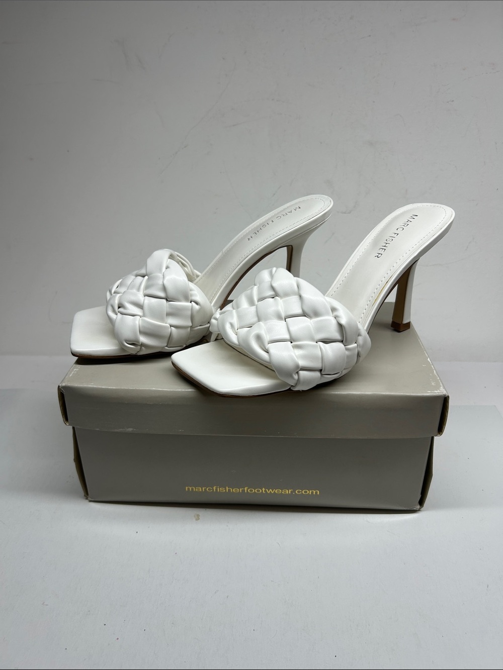 Marc Fisher White Braided Square-Toe Heeled Mules
